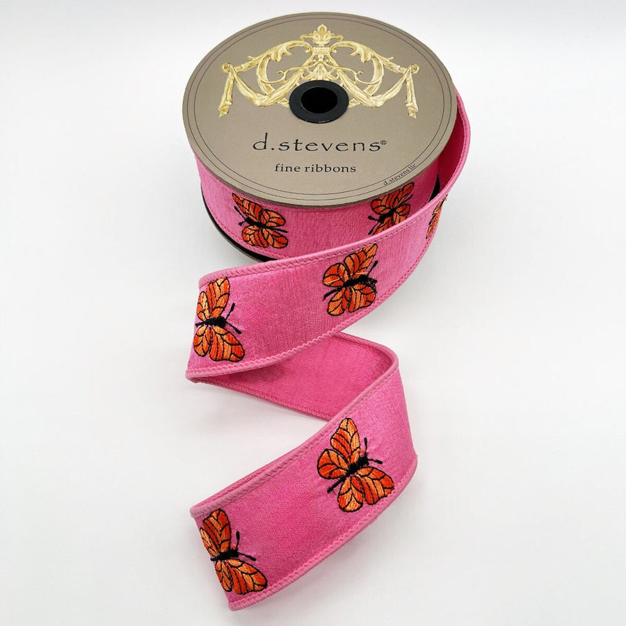 Two-Tone Orange Butterflies Hot Pink Ribbon 1.5" x 10 Yds
