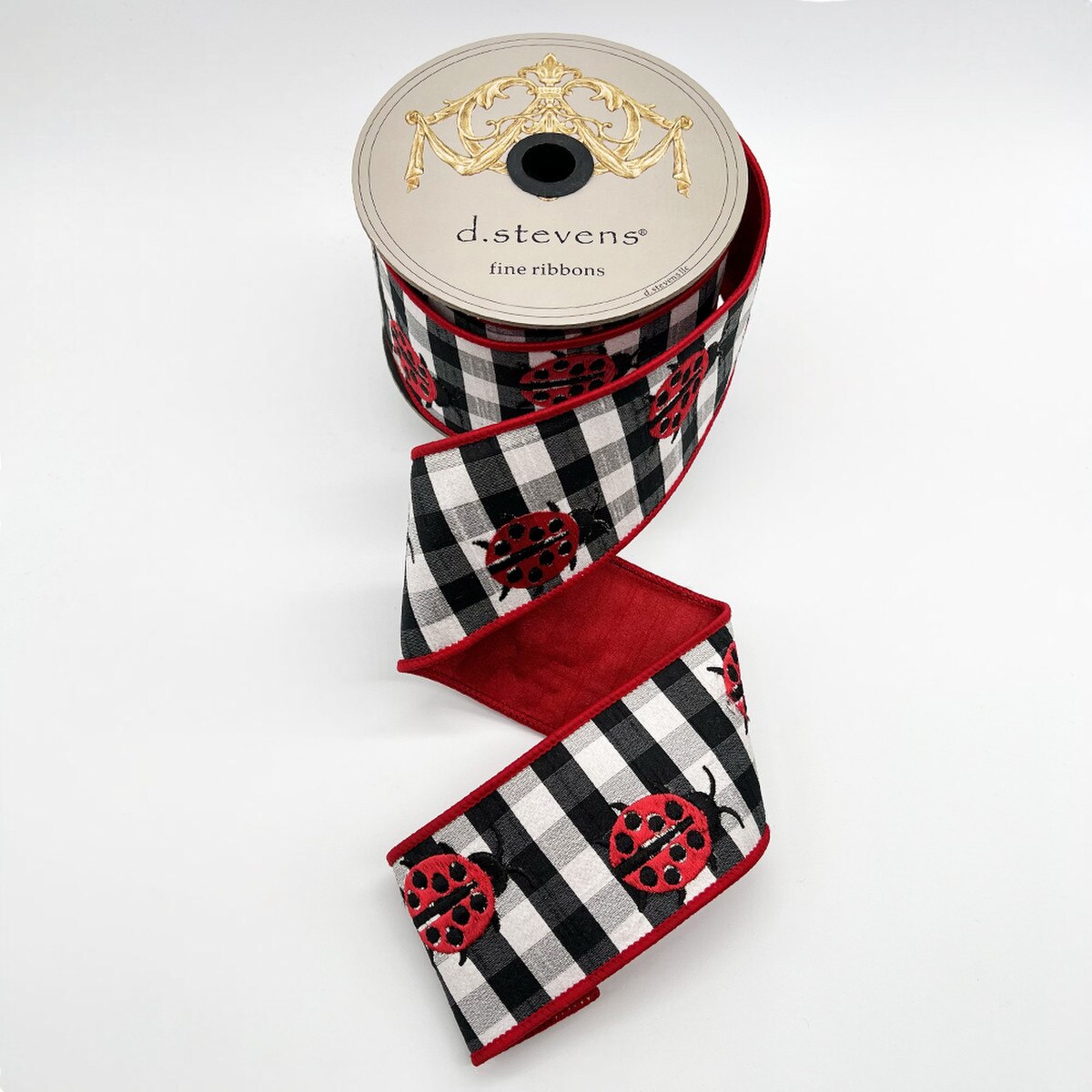 Dupion Check Embroidery Ribbon Red Ladybugs 2.5" x 10 Yds
