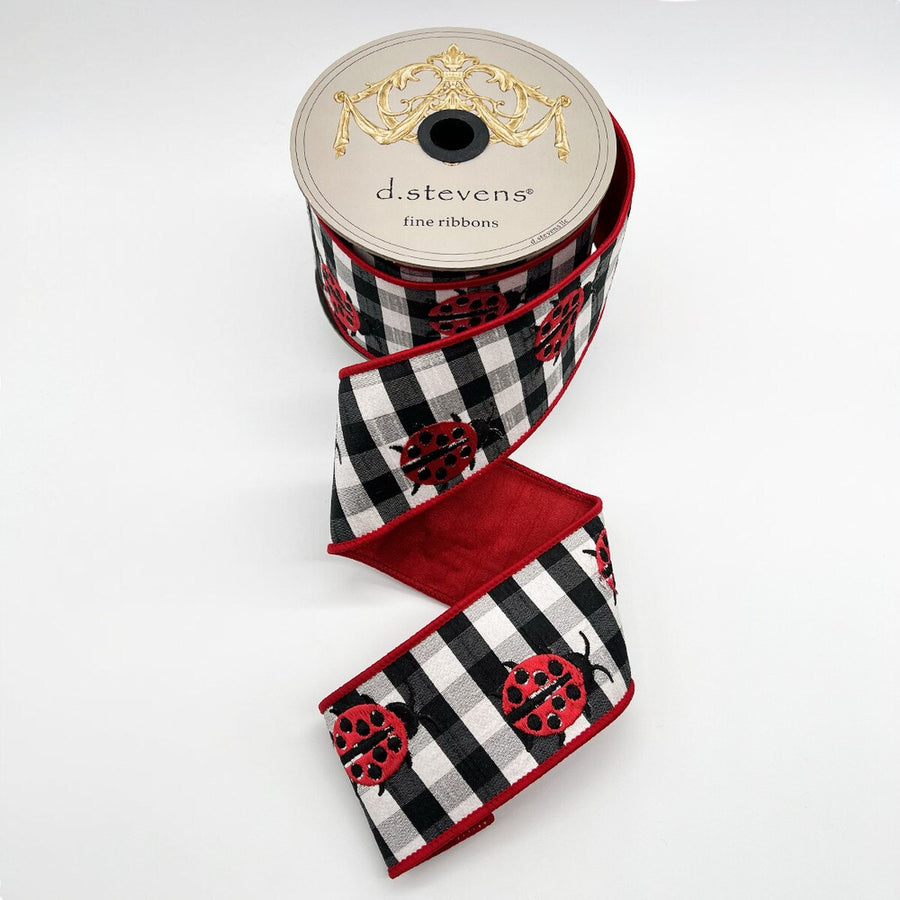 Dupion Check Embroidery Ribbon Red Ladybugs 2.5" X 10 Yds