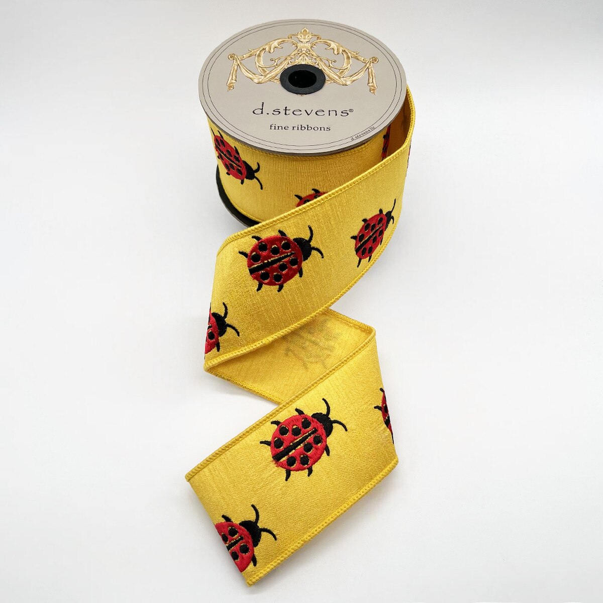 Dupion Embroidery Ribbon Red Ladybugs Sunshine Yellow 2.5" x 10 Yds