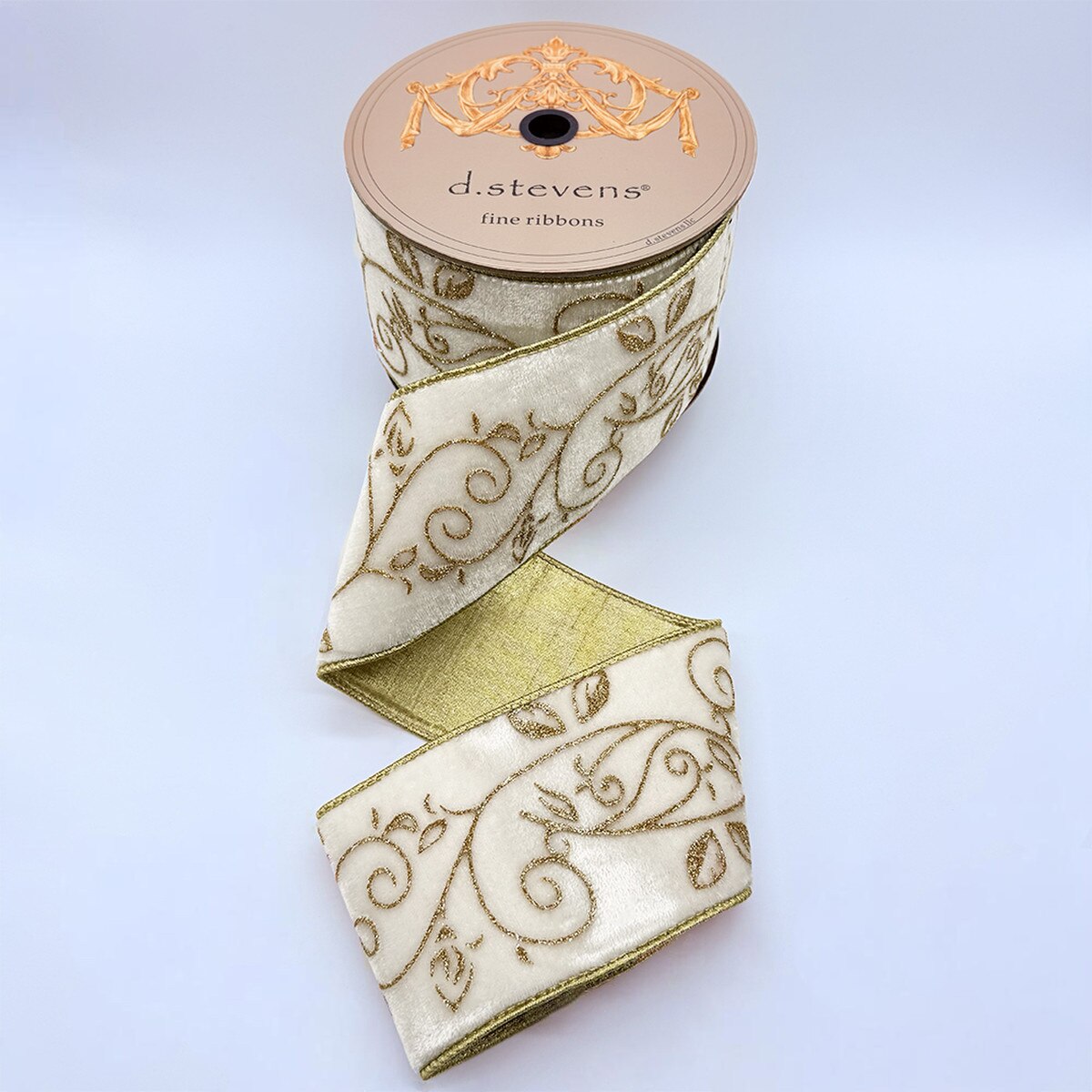 Winter White Glitter Velvet Gold Locust Leaves Ribbon 4" x 10 Yds