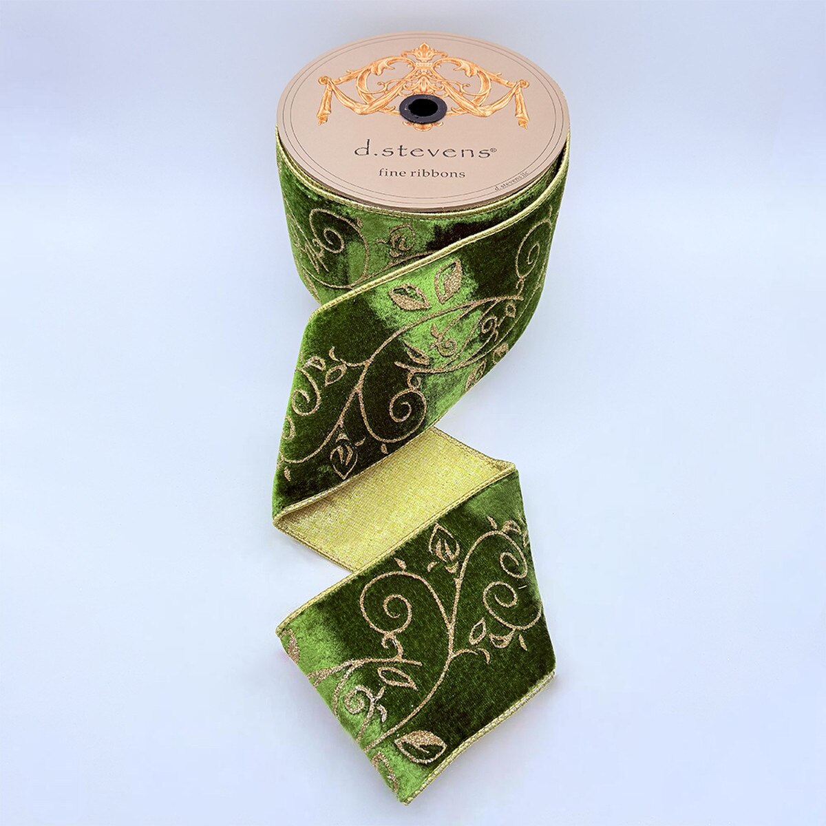 Moss Green Glitter Velvet Gold Locust Leaves Ribbon 4" x 10 Yds