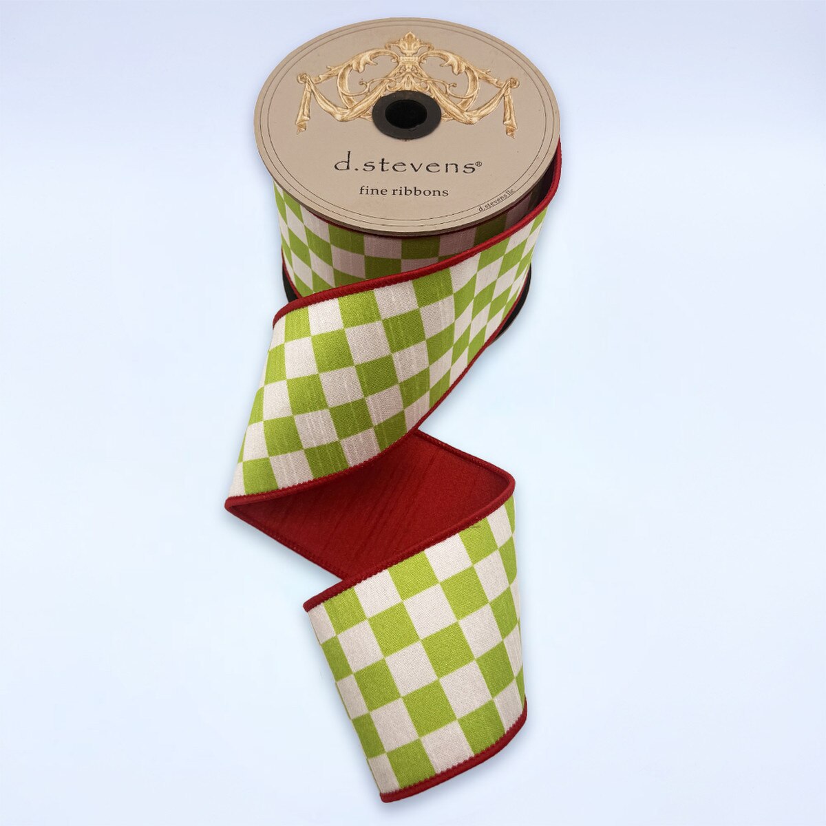 Dupion Checks Ribbon Lime Green White Red Backing 3" x 10 Yds