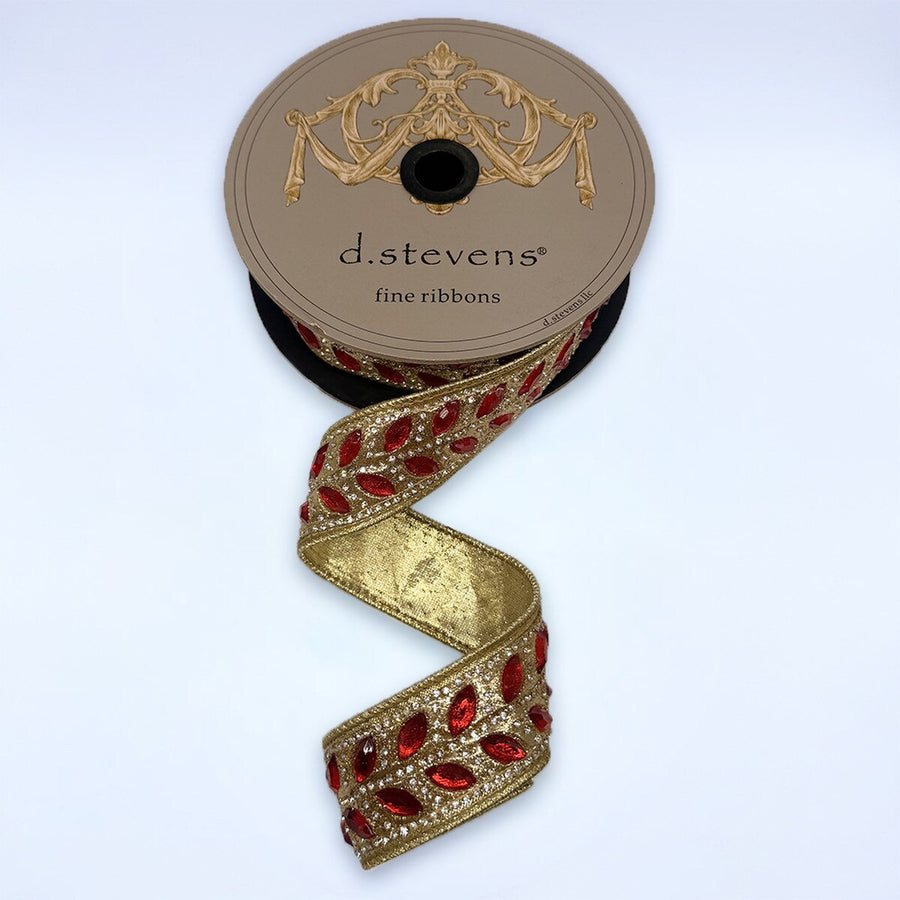 Metallic Red Ribbon with Marquise Clear Jewel, 1.75" x 5 Yds