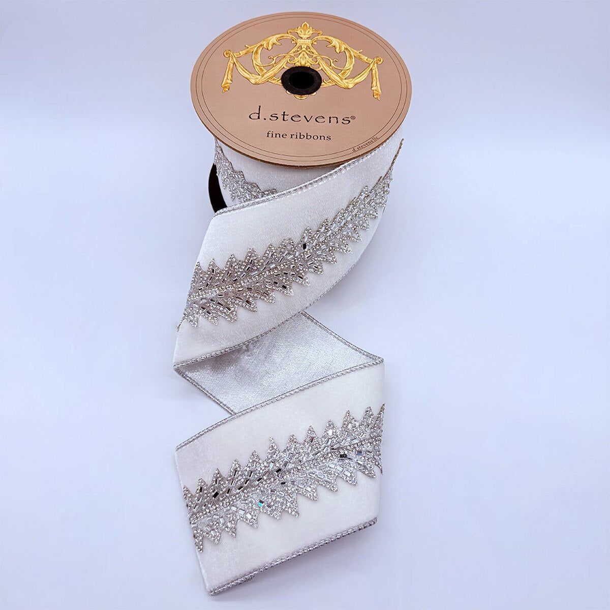 Winter White Velvet Art Deco Ribbon with Silver Trim 4" x 5 Yds