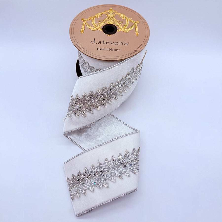 Winter White Velvet Art Deco Ribbon with Silver Trim 4" x 5 Yds