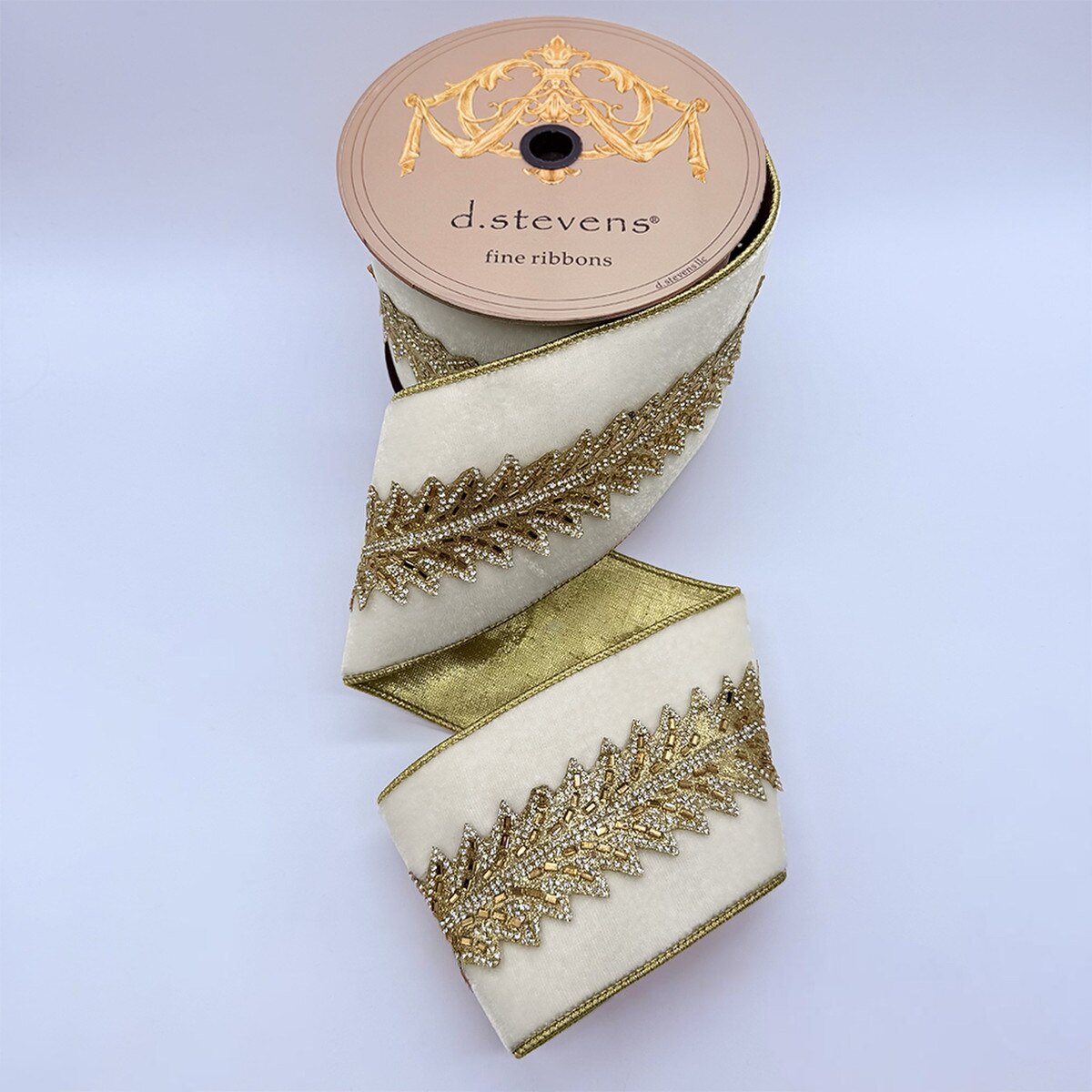 Winter White Velvet Ribbon with Gold Center Trim 4" x 5 Yds