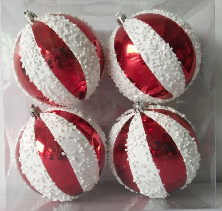 4" Red & White Ball Ornament 4 Pack