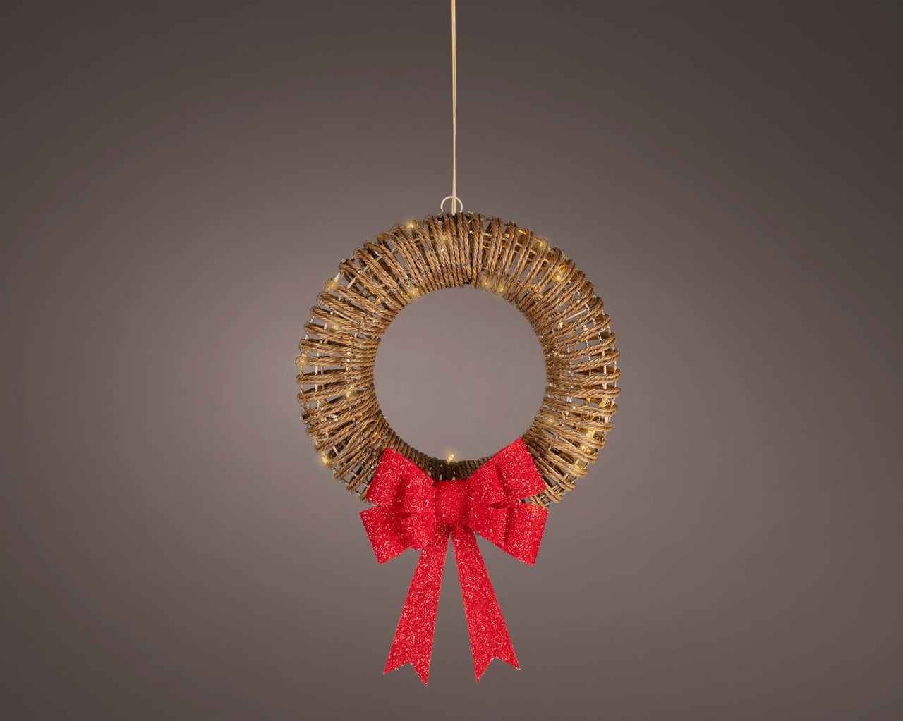 15" 48 LED Soft Warm Wicker Brown Wreath With Red Bow
