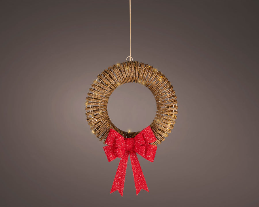 15" 48 LED Soft Warm Wicker Brown Wreath With Red Bow