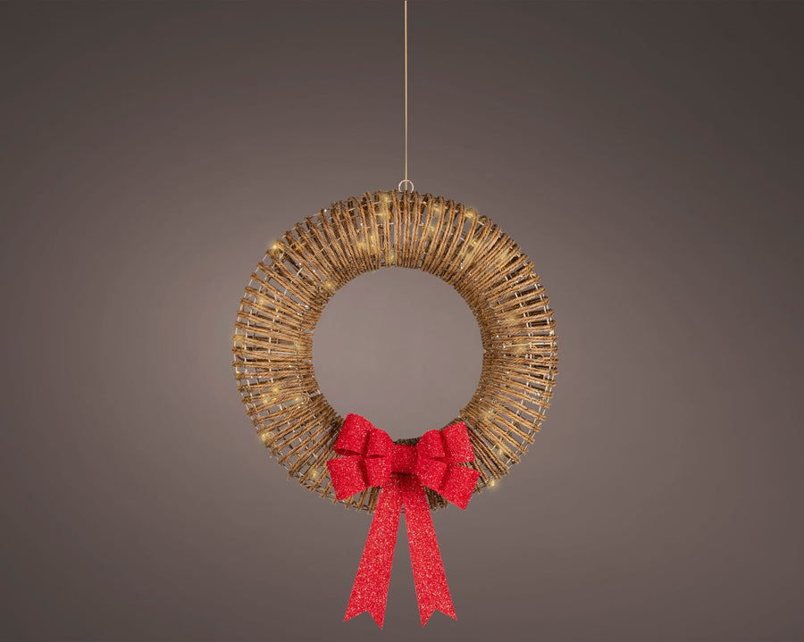 23" 72 LED Brown Wicker Wreath With Red Bow
