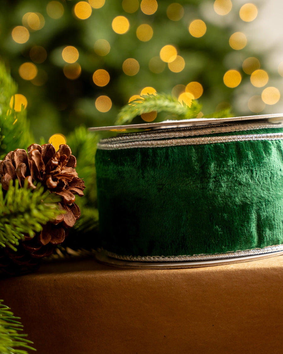 2.5" X 10YD Emerald Velvet Ribbon With Silver Back & Edge