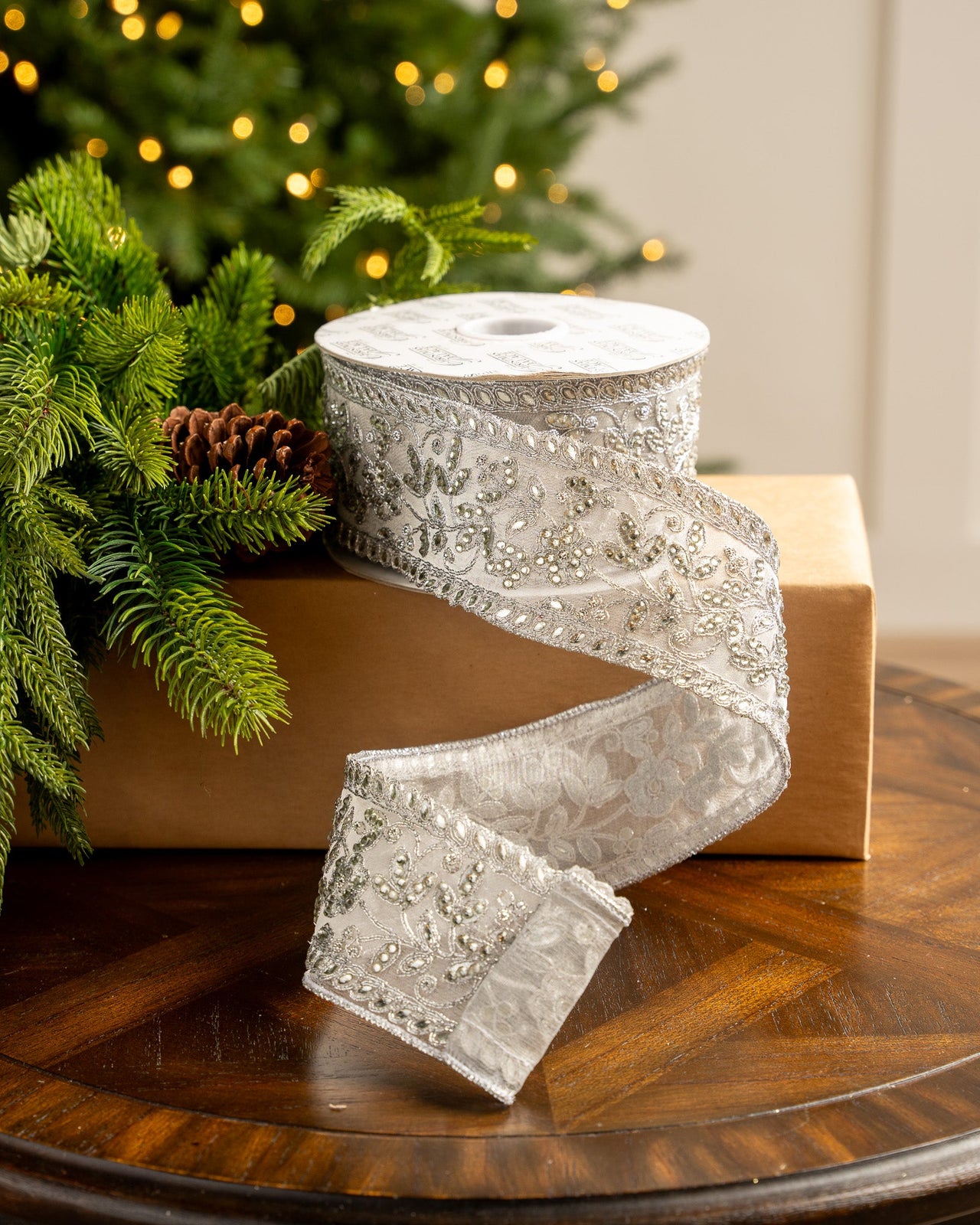3" X 10YD Silver Jewel Lace Ribbon