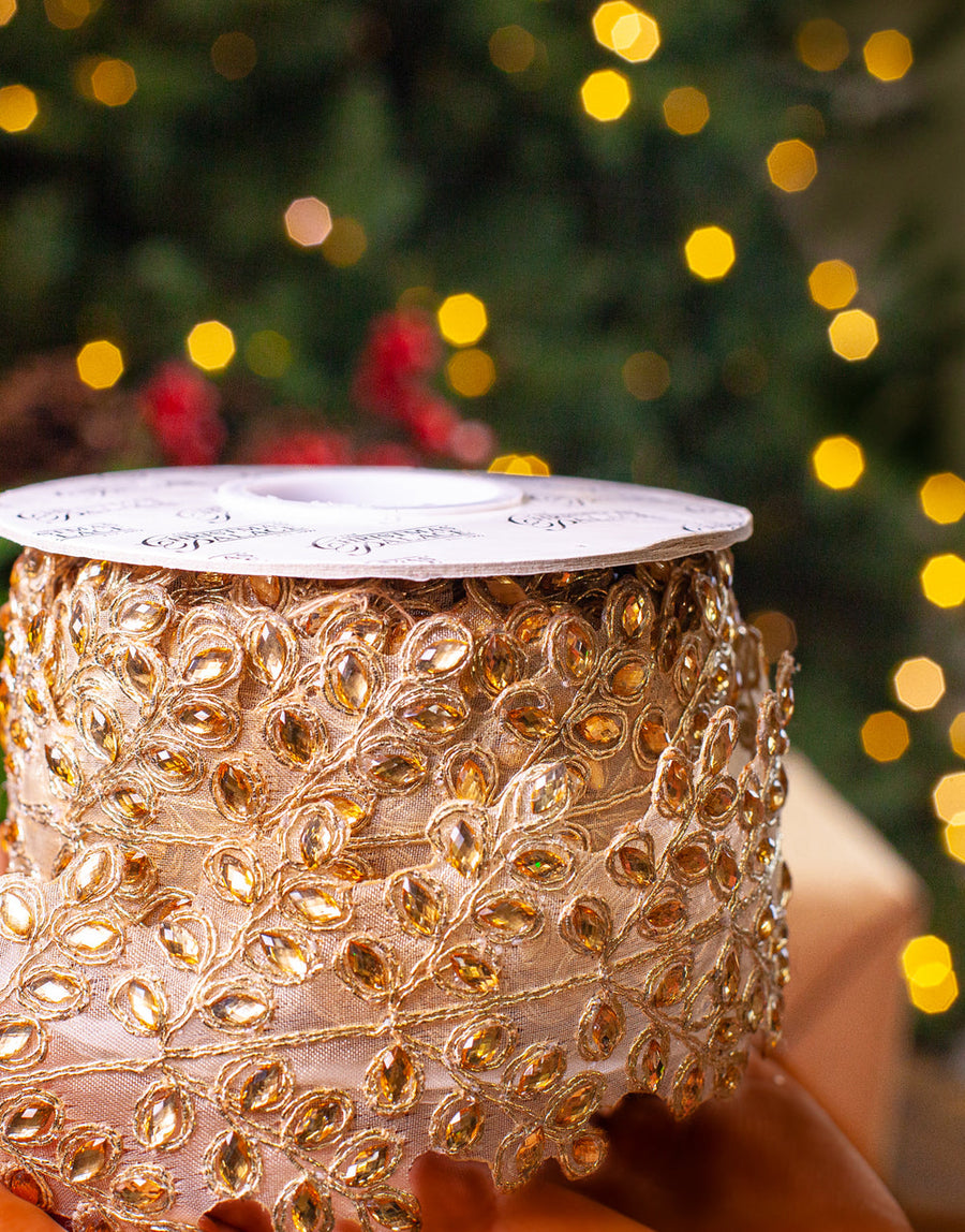 2" X 5YD Gold Platinum Sheer Beaded Floral Trim Ribbon