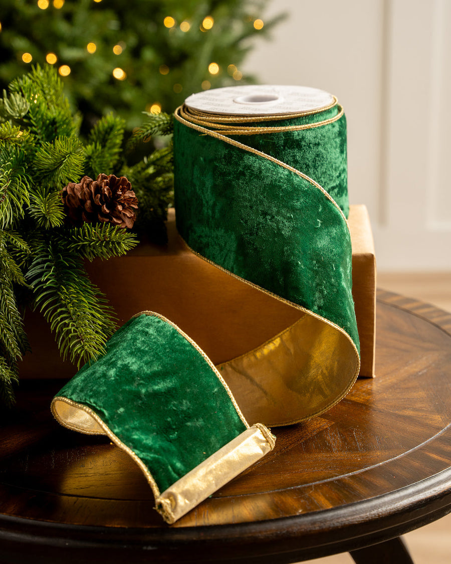 4" X 10YD Emerald Green Velvet Ribbon With Gold Back & Edge