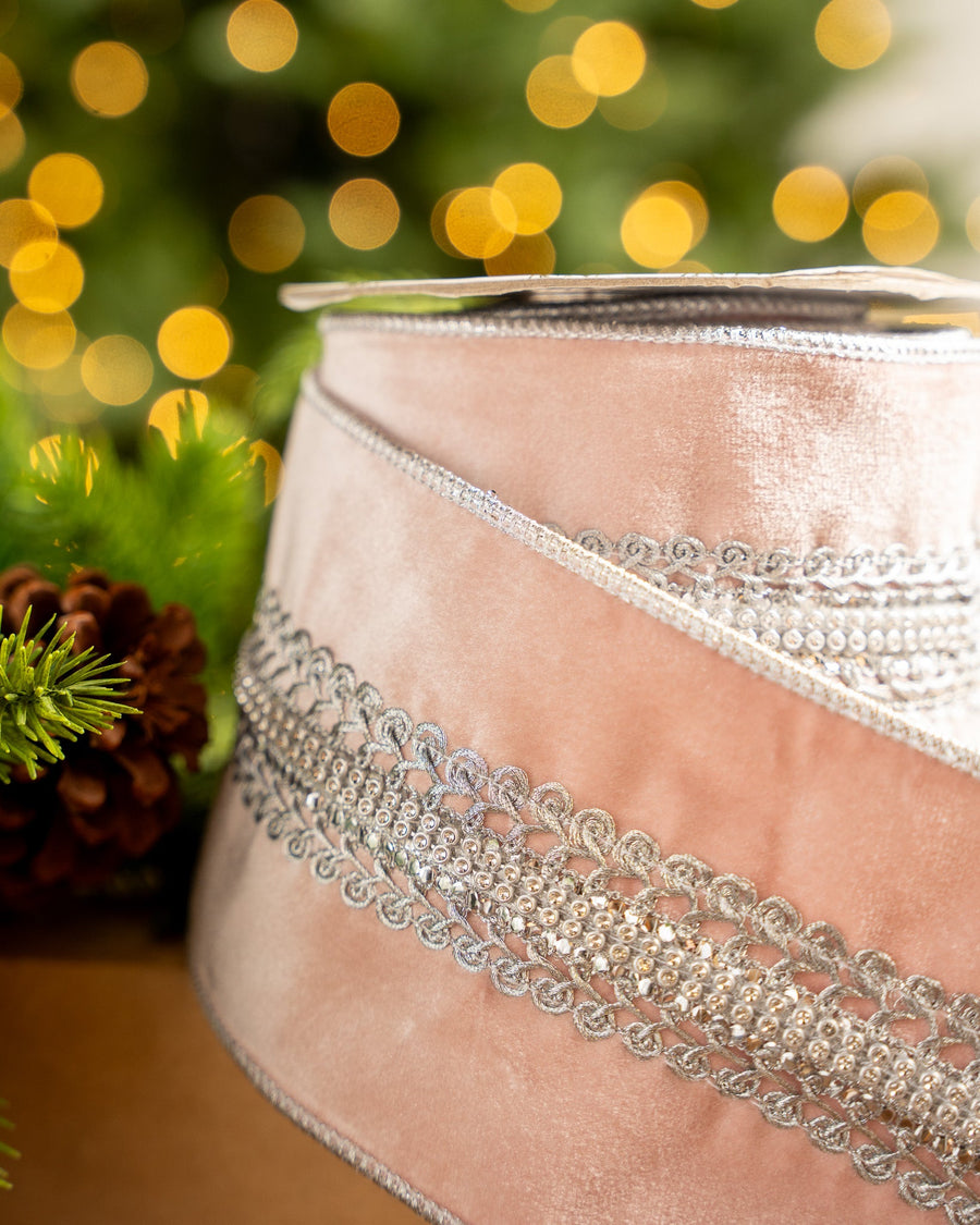 4" X 5YD Blush Pink Velvet With Silver Jewels