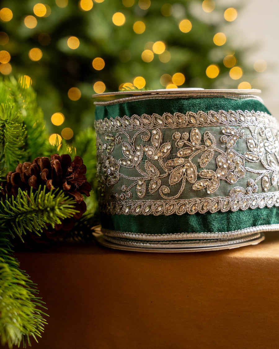 4" X 5YD Emerald Velvet Ribbon Beaded In Silver