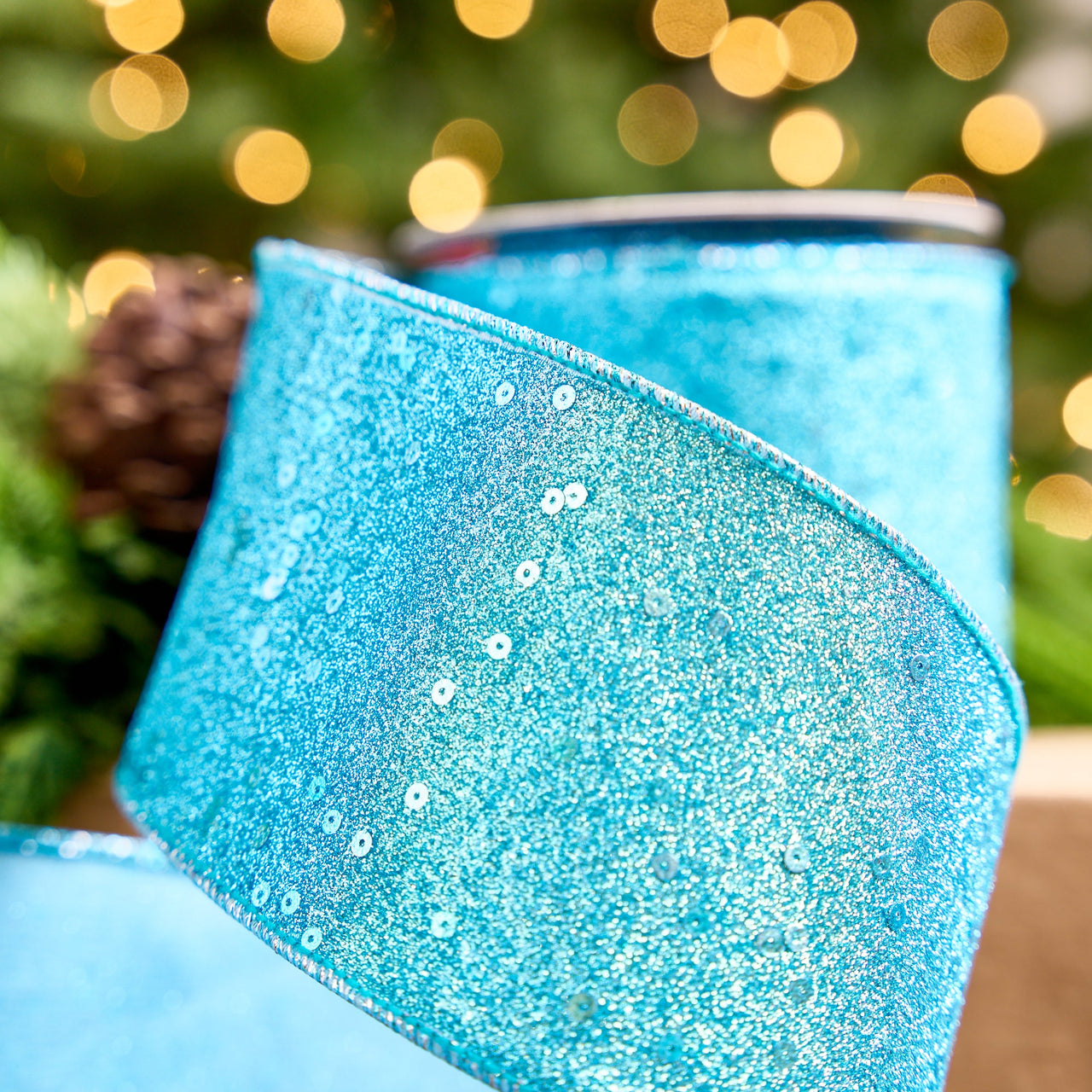 4" X 10YD Turquoise Full Glitter & Sequin Ribbon