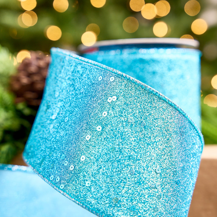 4" X 10YD Turquoise Full Glitter & Sequin Ribbon