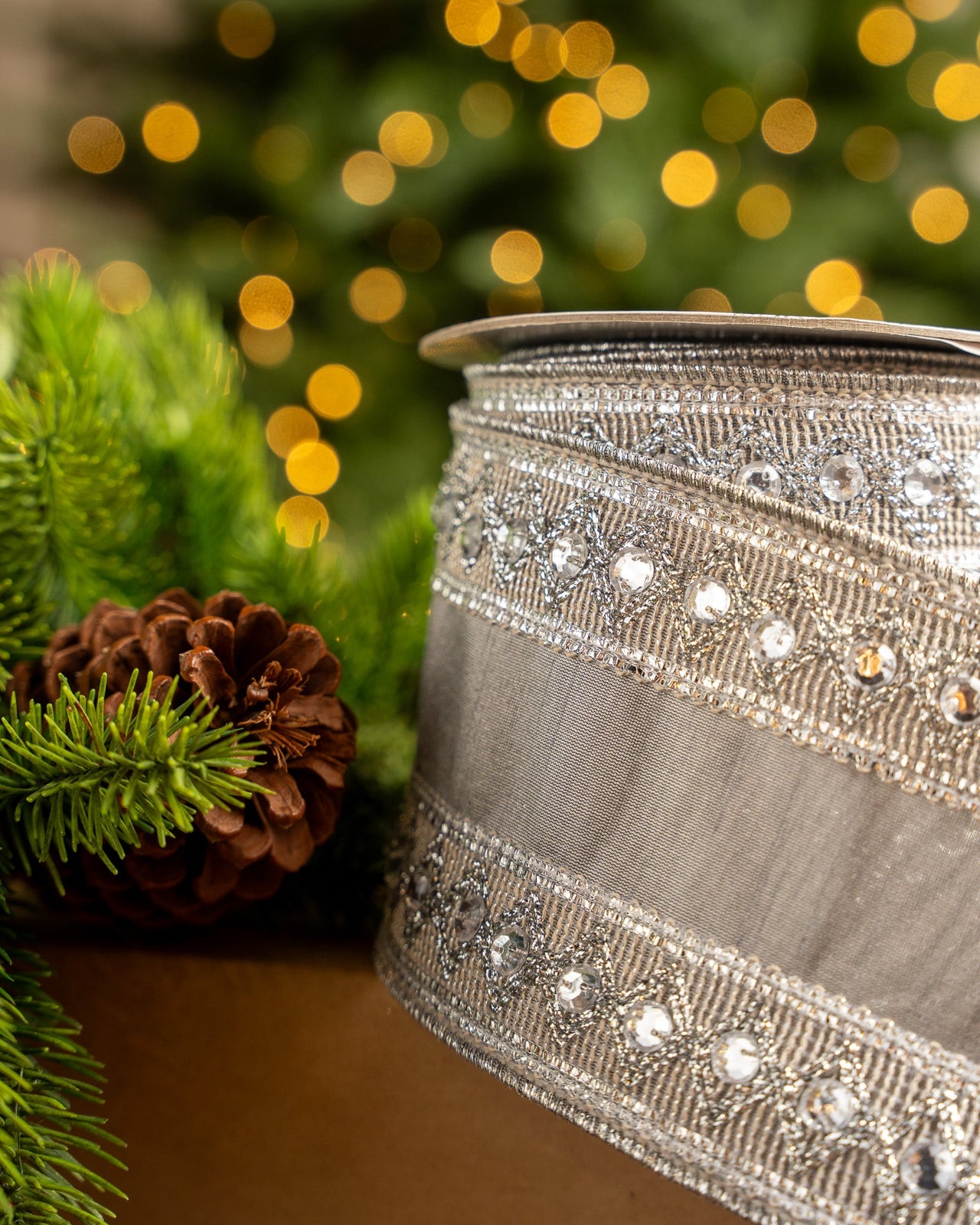 4" X 5YD Silver Ribbon With Beaded Trim