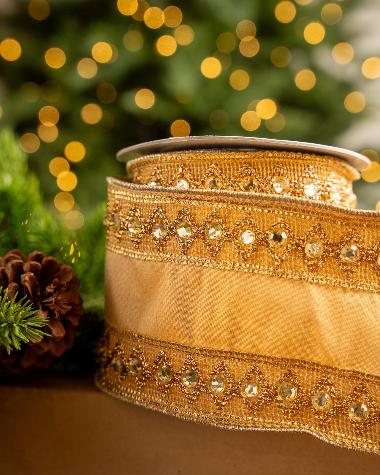 4" X 5YD Gold Ribbon With Beaded Trim