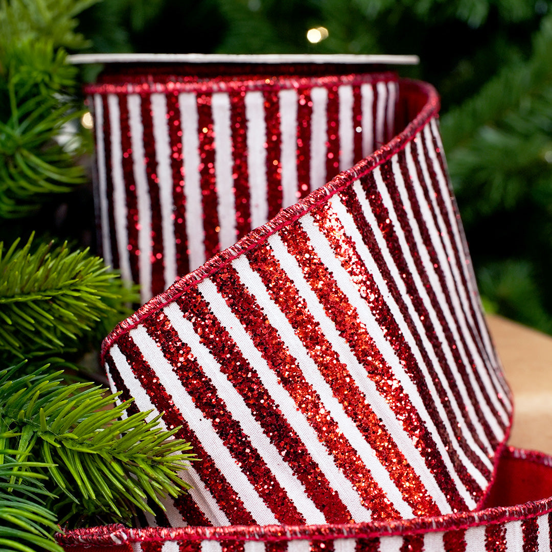 4" X 10YD Red & White Glitter Stripe Ribbon