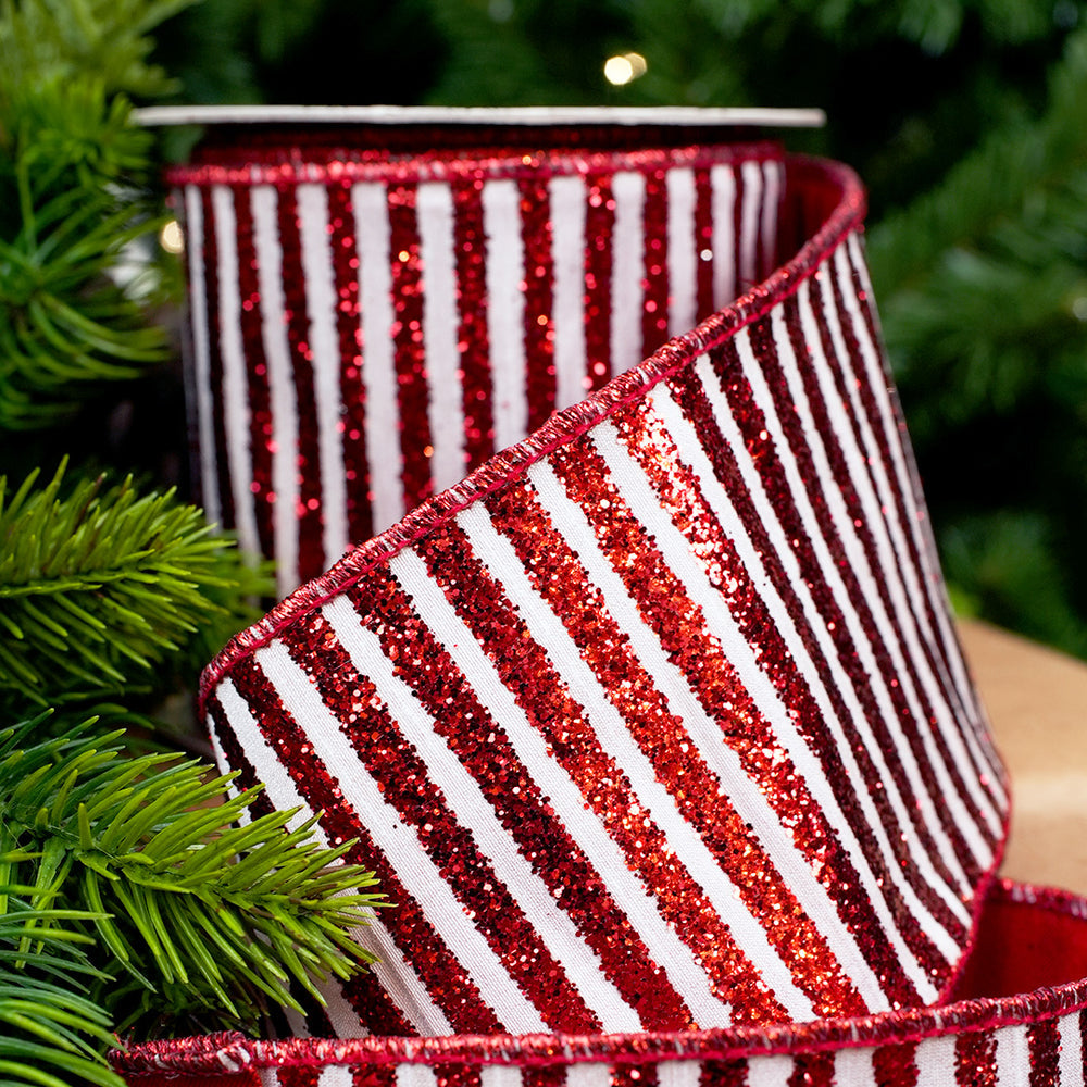 4" X 10YD Red & White Glitter Stripe Ribbon