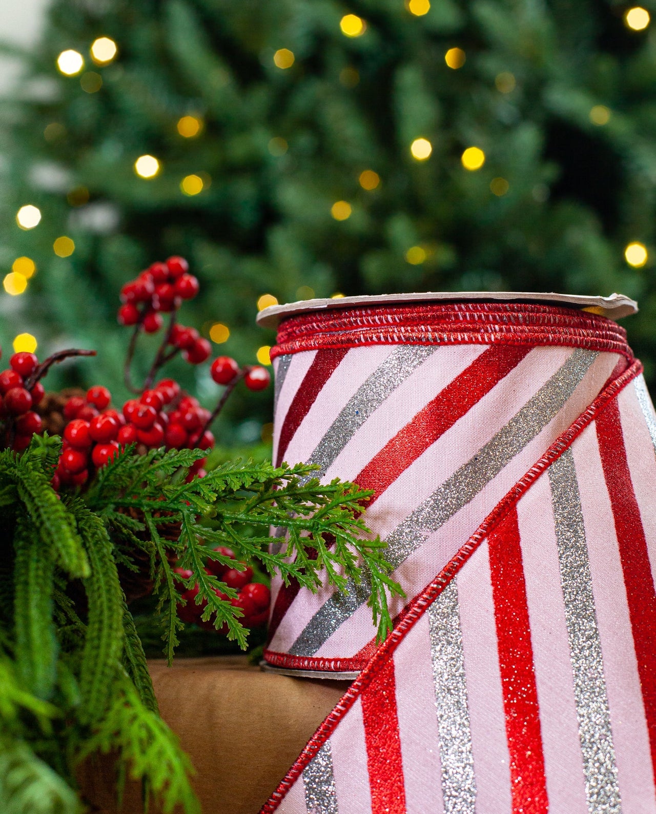 4" X 10YD Pink, Red, & Silver Striped Glitter Ribbon