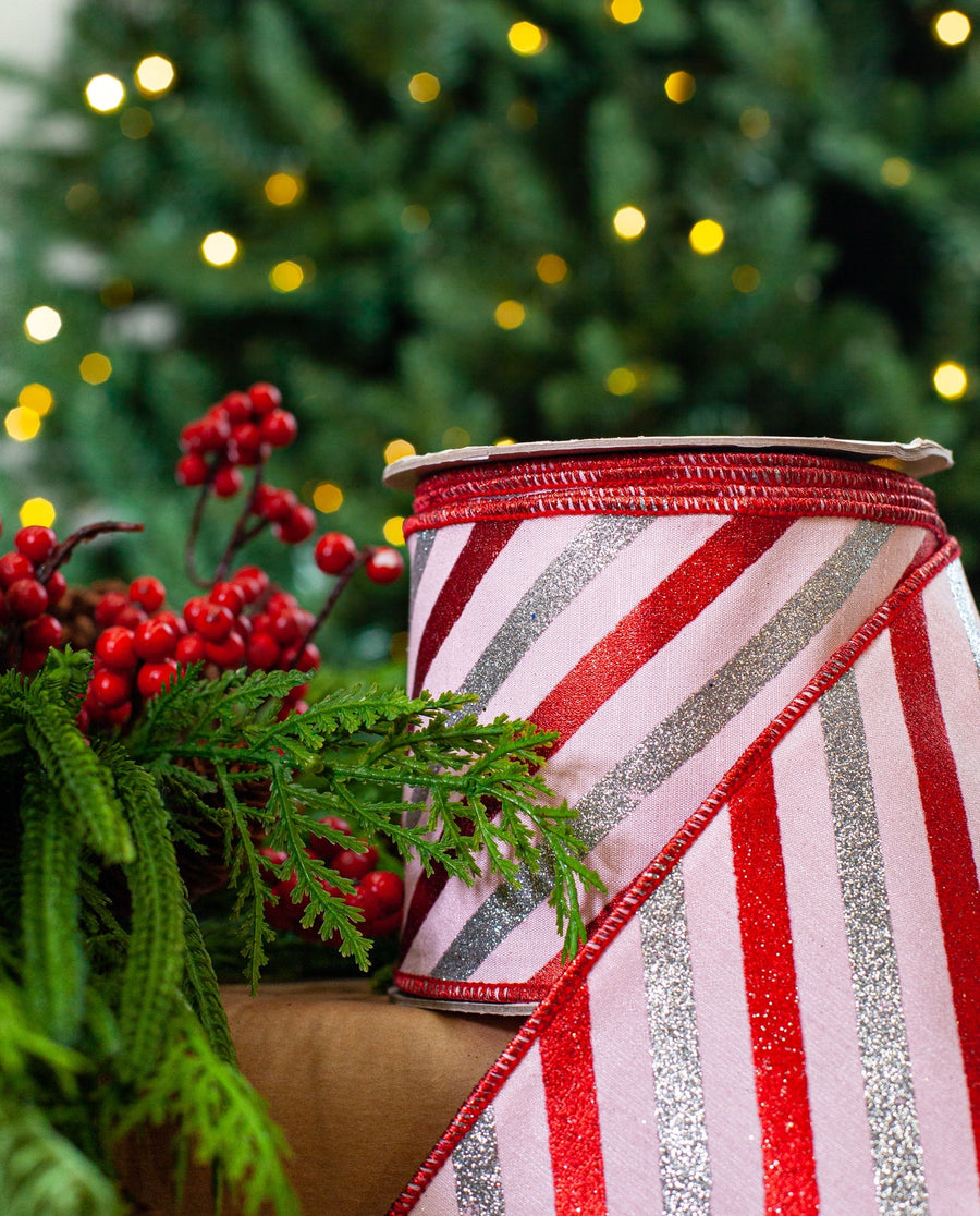 4" X 10YD Pink, Red, & Silver Striped Glitter Ribbon