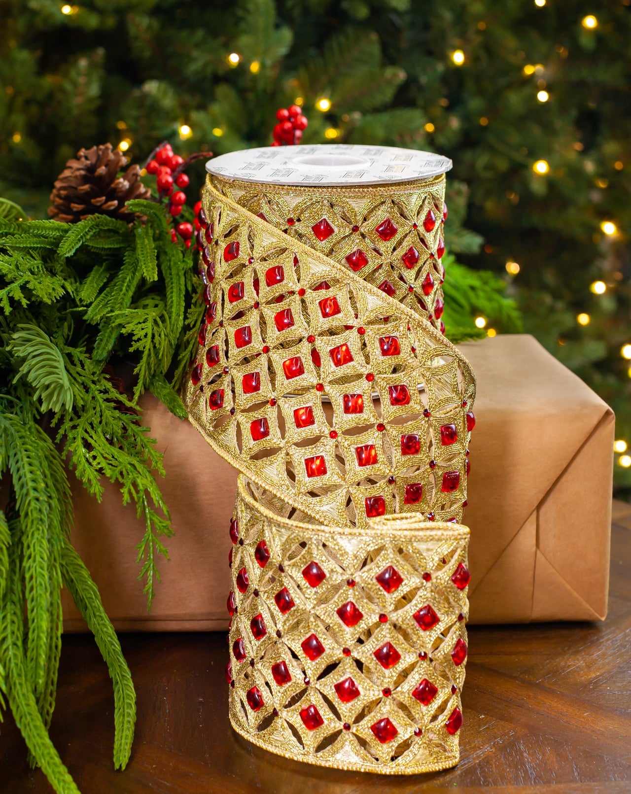 4" X 5YD Gold Beaded With Red Jewel Trim Ribbon