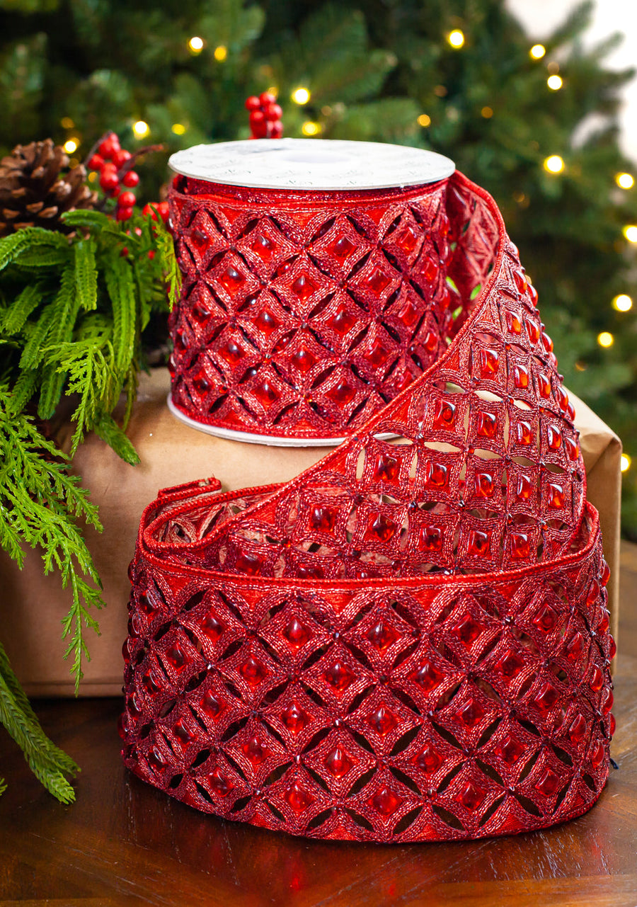 4" X 5YD Red Beaded Jewel Ribbon