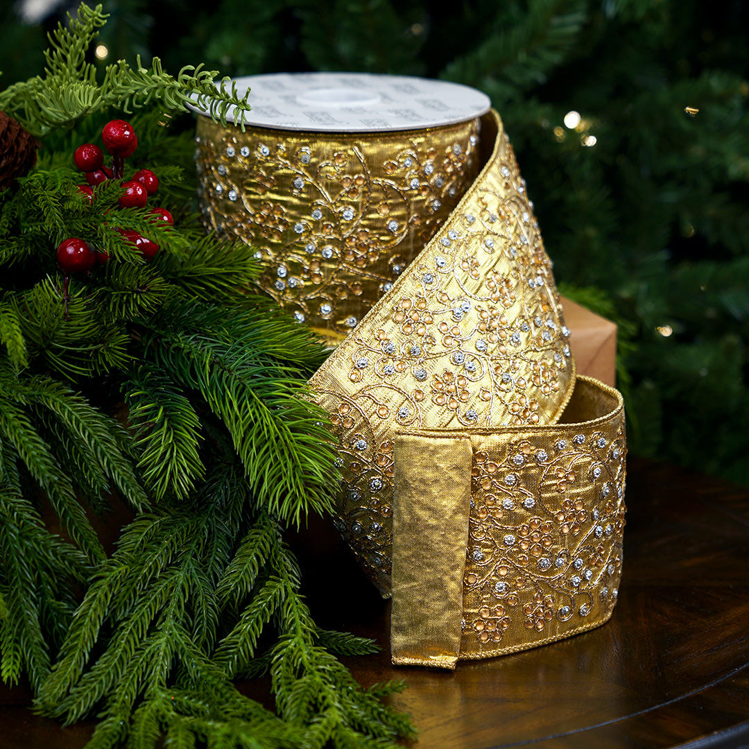 4" X 10YD Gold Jewel Embroidery on Gold Lame Back Ribbon