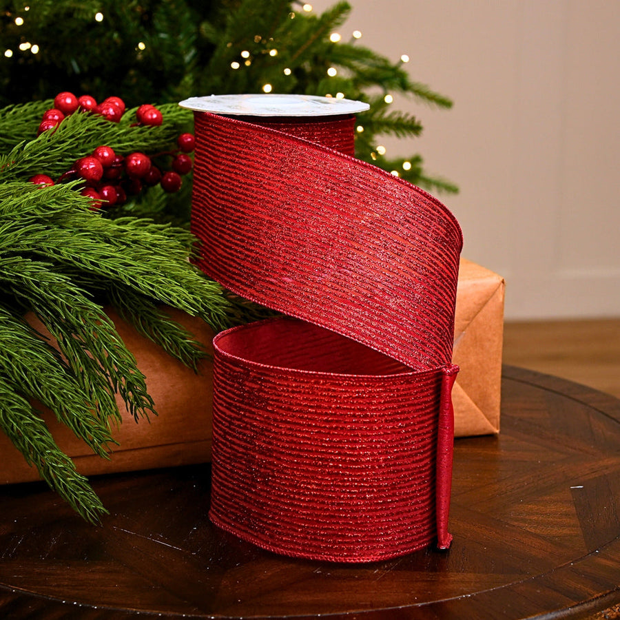 4" X 10YD Red Glitter Line Ribbon