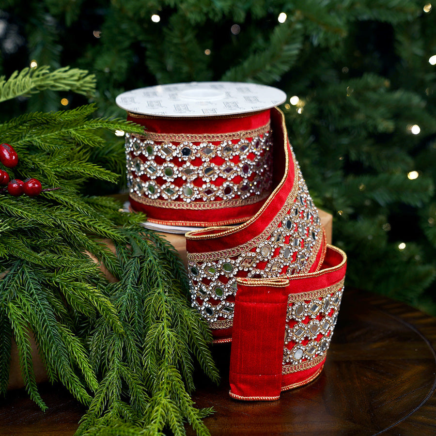 4" X 5YD Red Velvet Mirror Ribbon