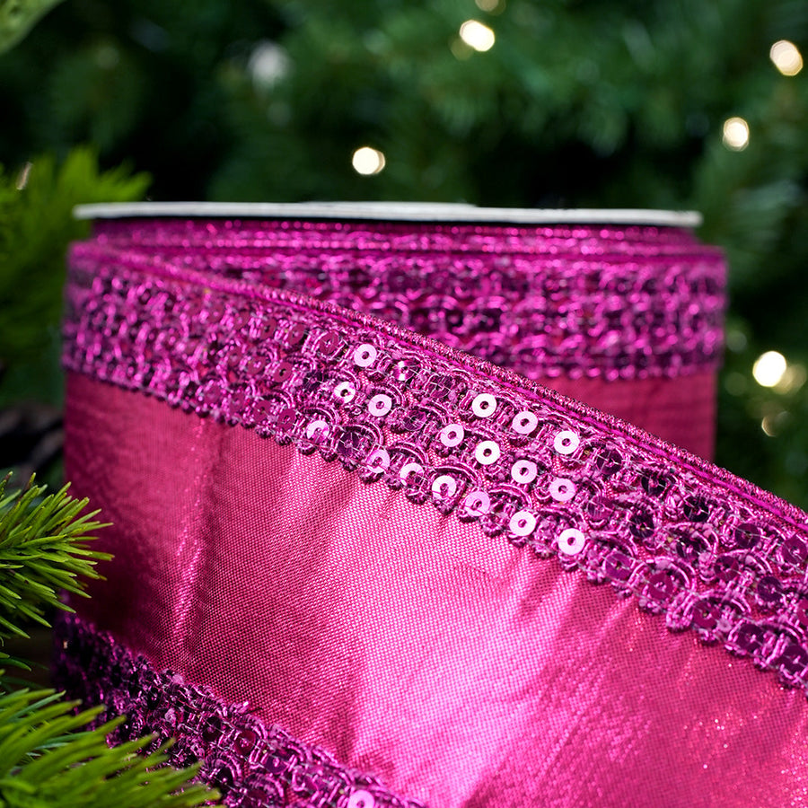 4" X 10YD Fuchsia With Gold Trim Ribbon