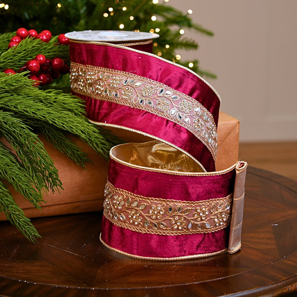 4" X 5YD Burgundy Velvet Ribbon With Gold Jewel Trim