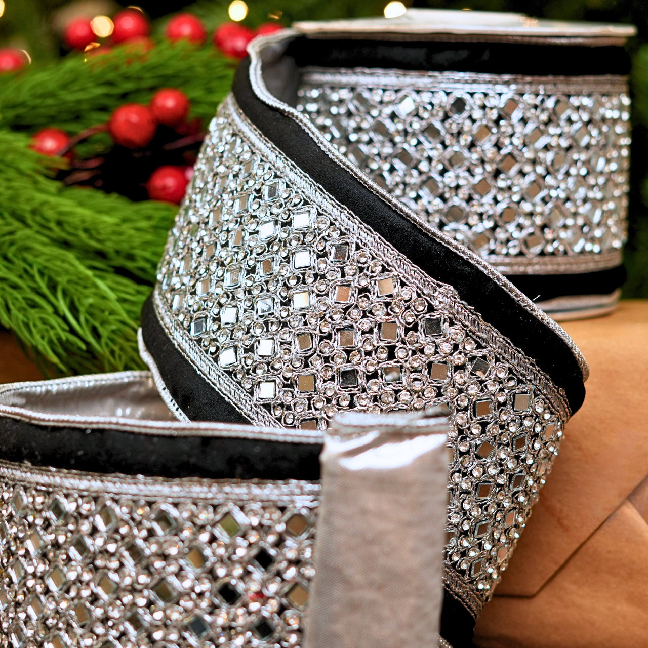 4" X 5YD Black Velvet Ribbon With Silver Jeweled Trim
