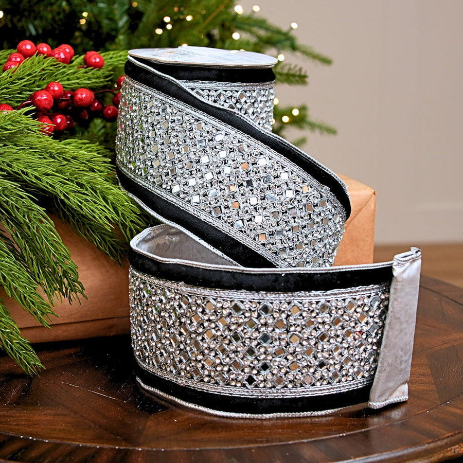 4" X 5YD Black Velvet Ribbon With Silver Jeweled Trim
