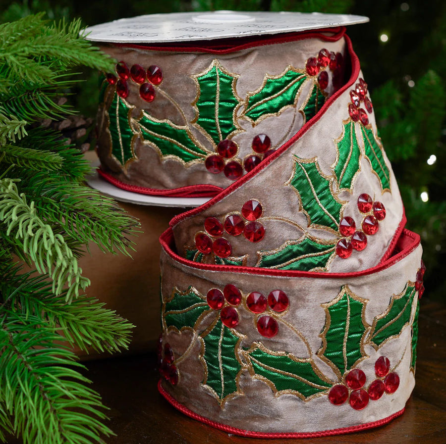 4" X 10YD Taupe Red & Green Holly Velvet Ribbon