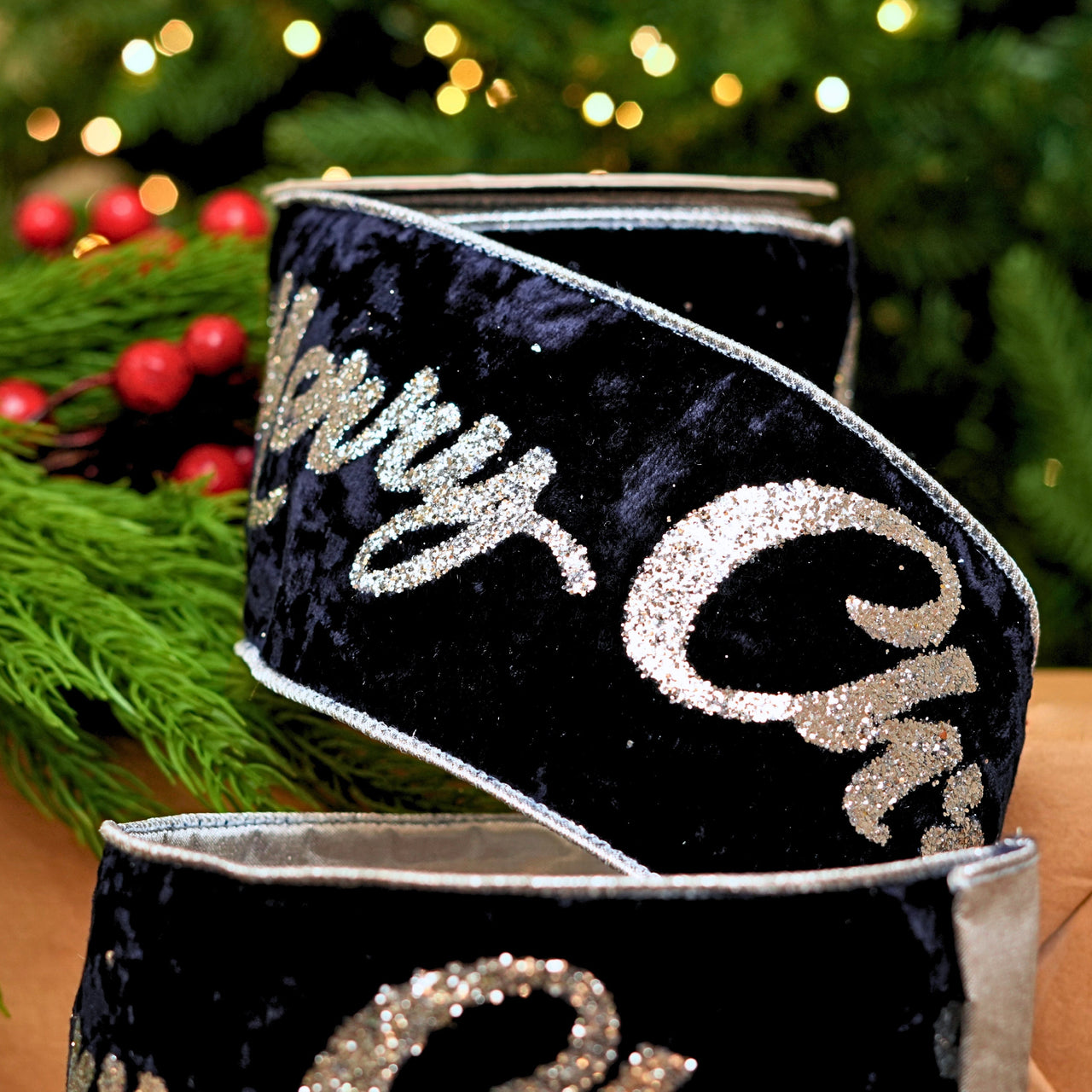 4" X 10YD Navy Blue Velvet 'Merry Christmas' Ribbon