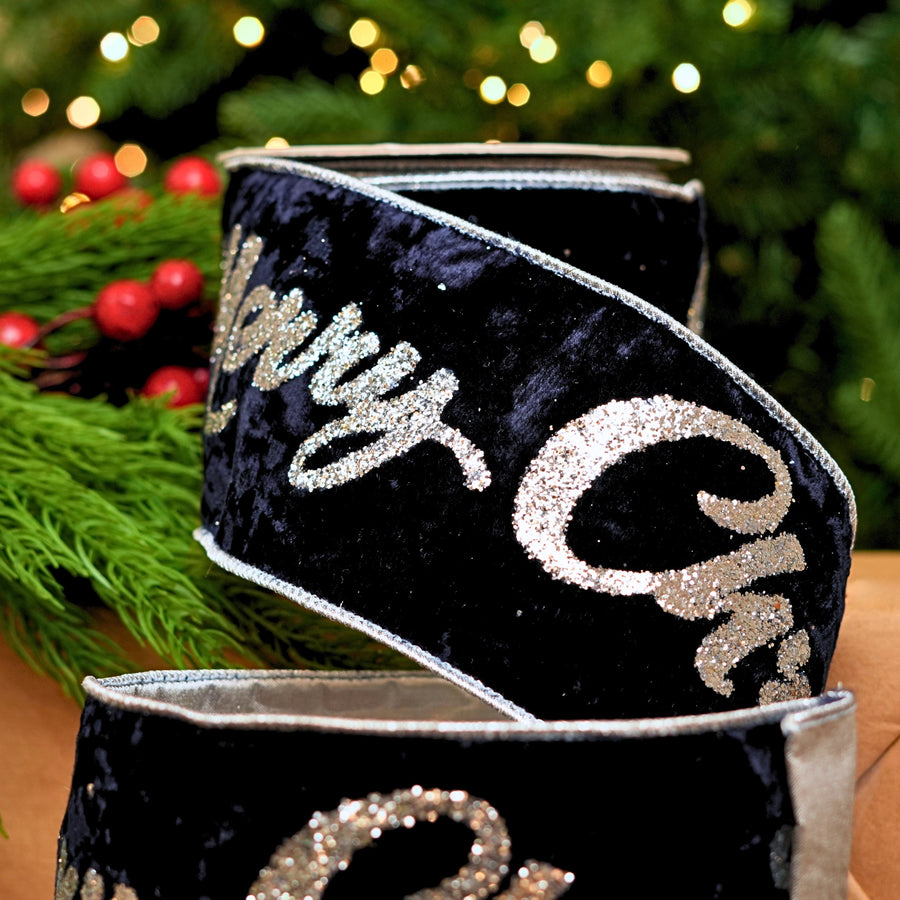 4" X 10YD Navy Blue Velvet 'Merry Christmas' Ribbon