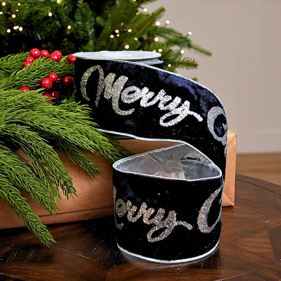 4" X 10YD Navy Blue Velvet 'Merry Christmas' Ribbon