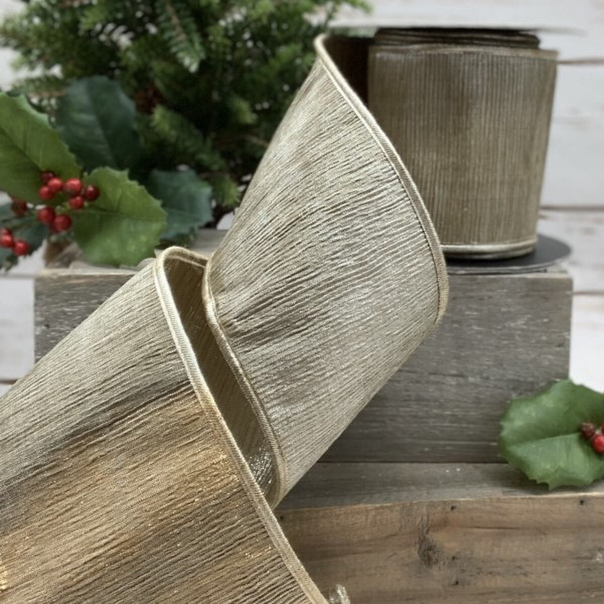 Taupe Pleated Lame Ribbon 4 Inch x 10 Yards