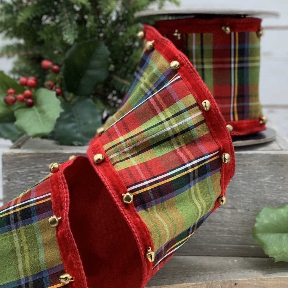 Red Faux Dupion Mcfarland Plaid Bell Edge Ribbon 4" x 5 Yds