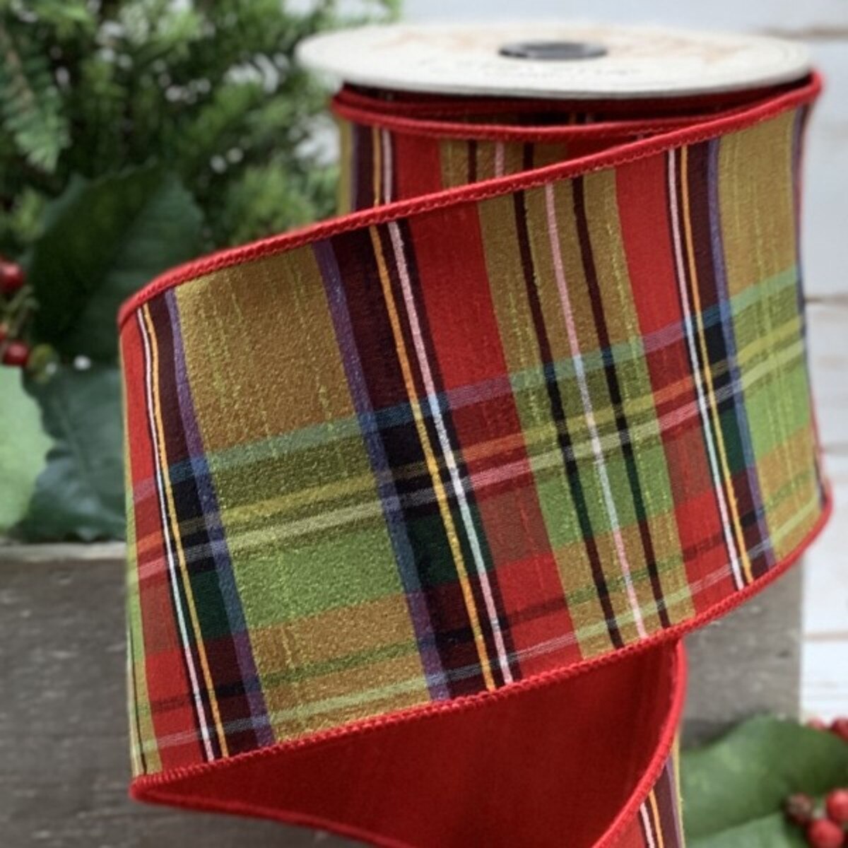 Plaid Red Faux Dupion Ribbon 4 Inch x 10 Yards Lime Green