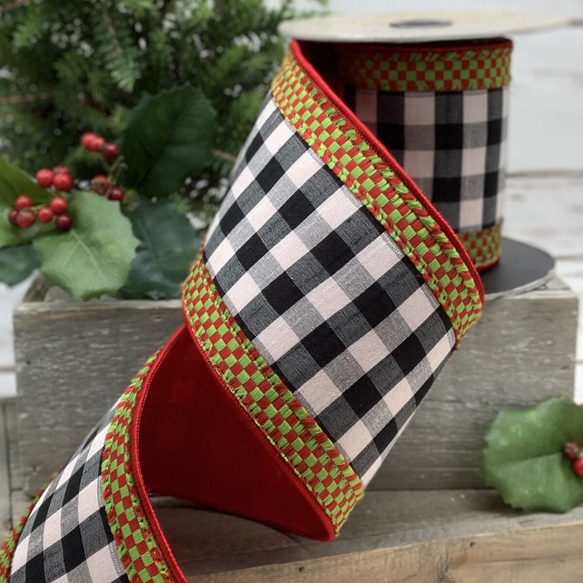 Faux Dupion Check Ribbon Black White Red Green Edge 4 Inch
