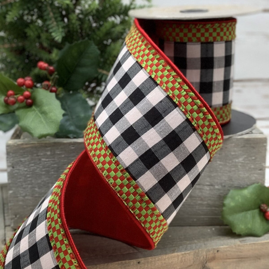 Faux Dupion Check Ribbon Black White Red Green Edge 4 Inch