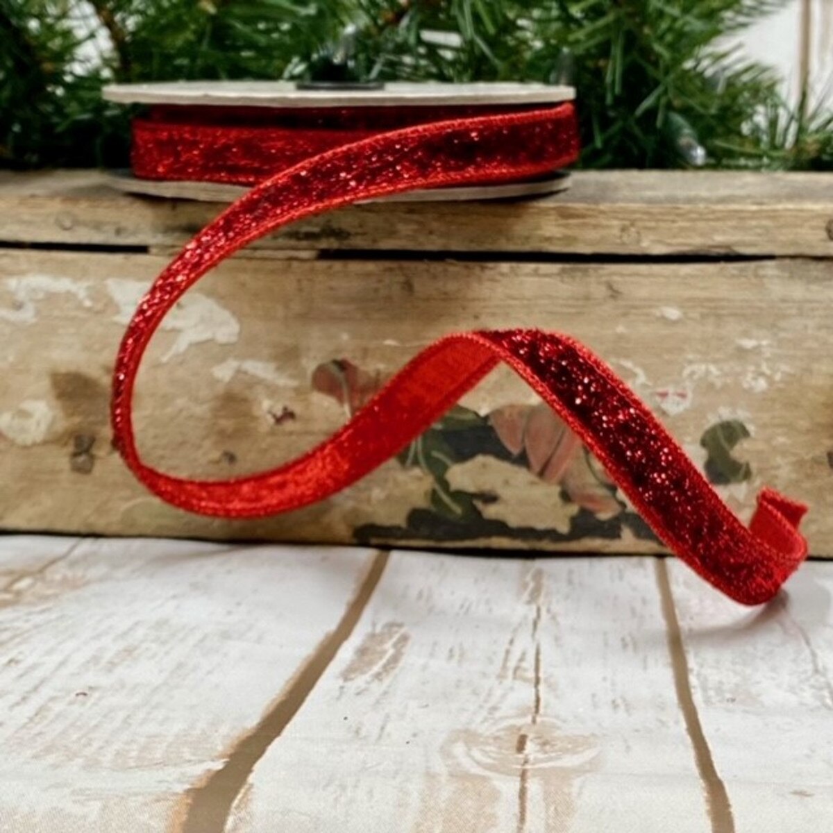 Red Faux Metallic Velvet Lame Backing Ribbon 0.5 In x 10 Yds