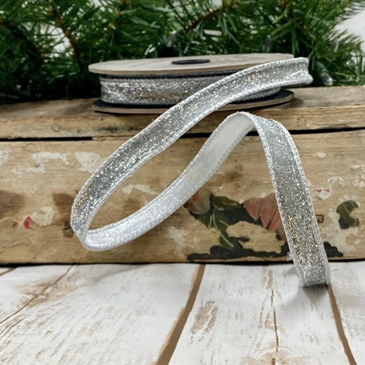 Silver Faux Metallic Velvet Lame Ribbon 0.5 Inch x 10 Yds