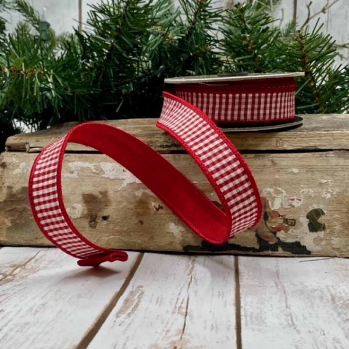 Red-White Faux Dupion Mini Check Ribbon 1 Inch x 10 Yards